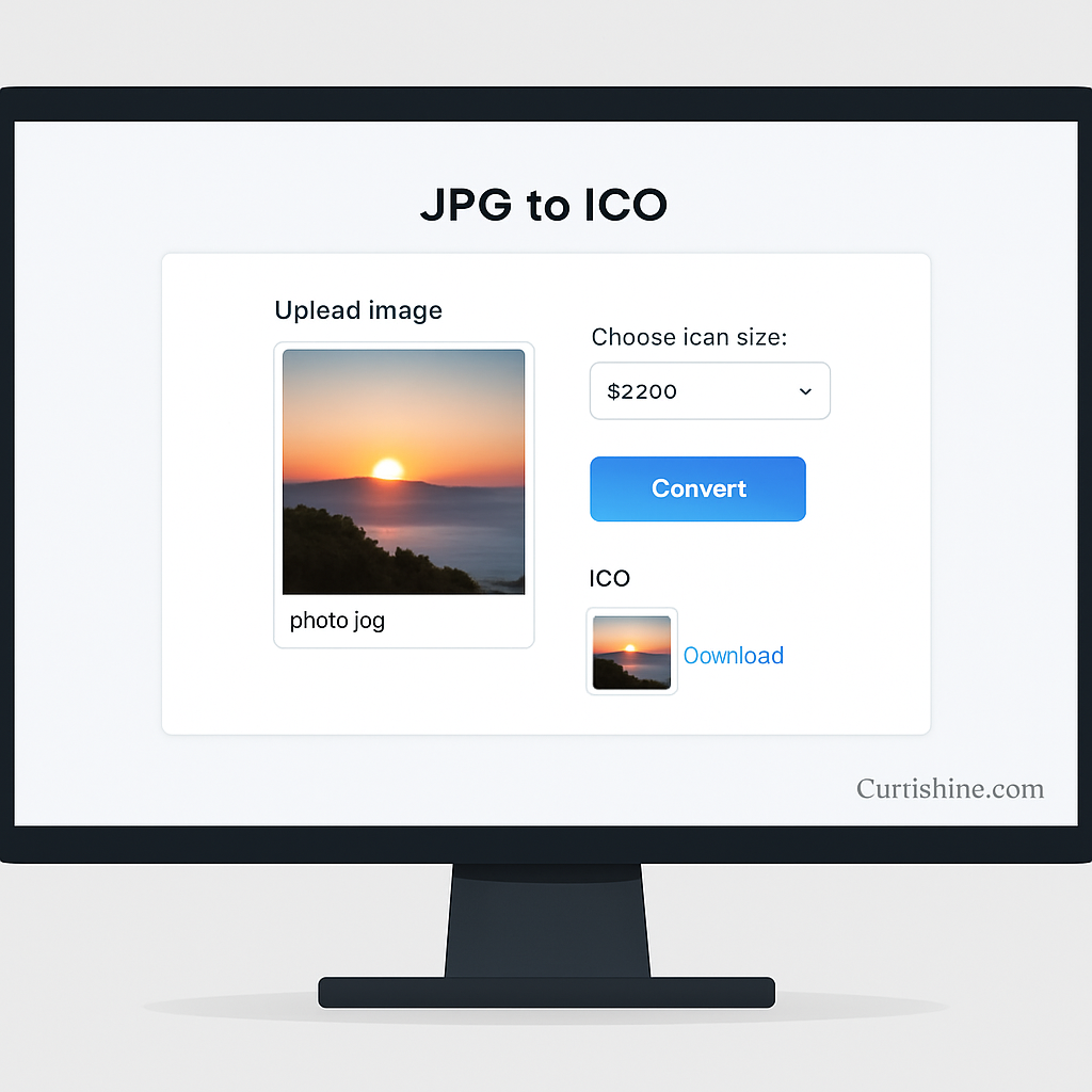 A clean web interface showing a user uploading a photo to convert it into an icon, with a download button ready. The screen clearly shows the JPG to ICO process happening in a simple, user-friendly design.