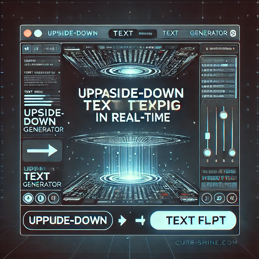 An illustration of a computer screen displaying an upside down text generator in action, with flipped text appearing in a preview window.