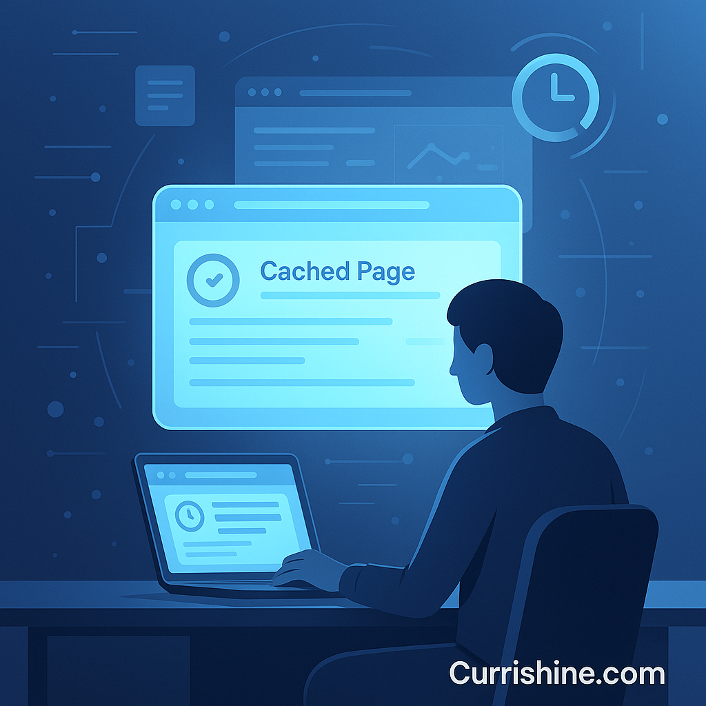 A person looking at cached web page versions on a laptop screen, showing the importance of checking Google’s stored version for SEO insights.