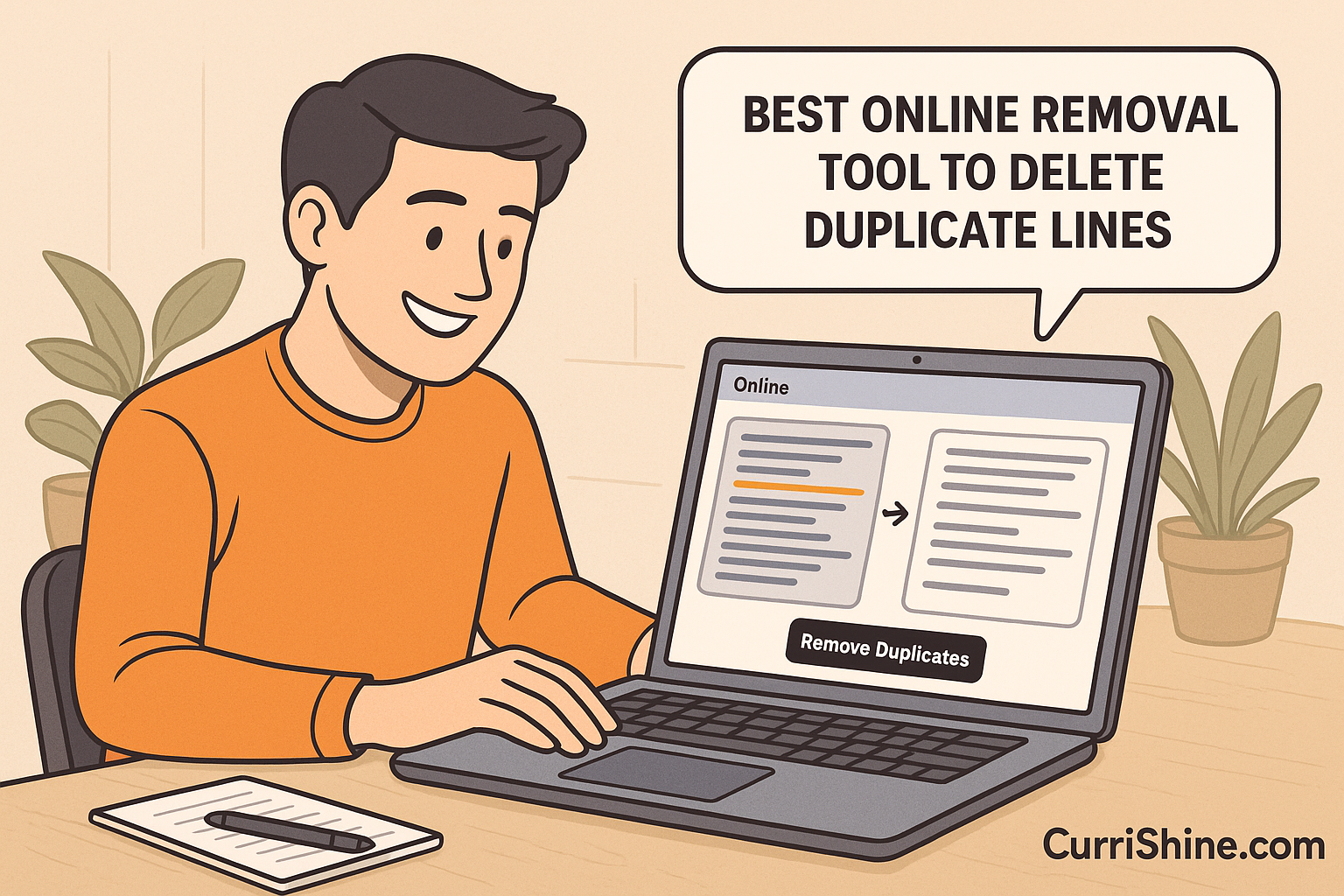 Illustration of an online tool interface that removes duplicate lines from text, featuring a browser window with a “Remove Duplicates” button and a modern, clean design.