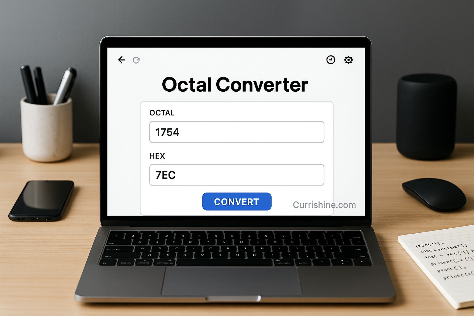 A modern laptop screen showing a clean Octal Converter interface. The screen displays input for octal with outputs in decimal and hex. Everything is neatly arranged, with a soft watermark reading "Currishine.com" in the corner.