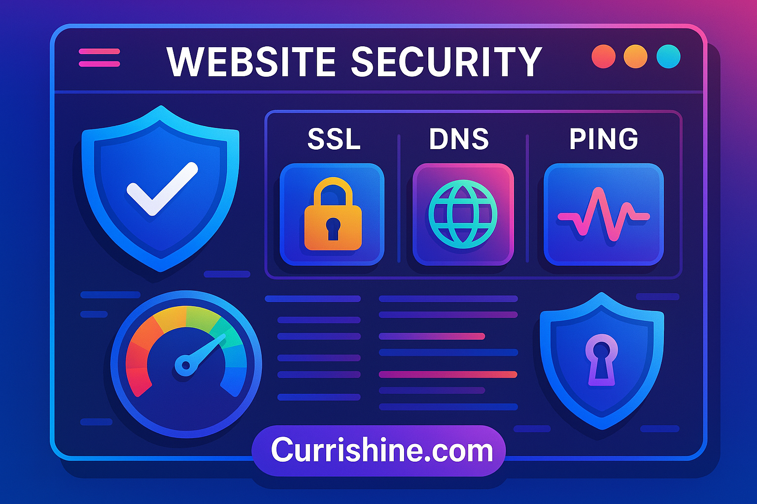 "A colorful dashboard with icons representing DNS Lookup, SSL Checker, and Ping tools, surrounded by shields and speed gauges. Watermark: Currishine.com."