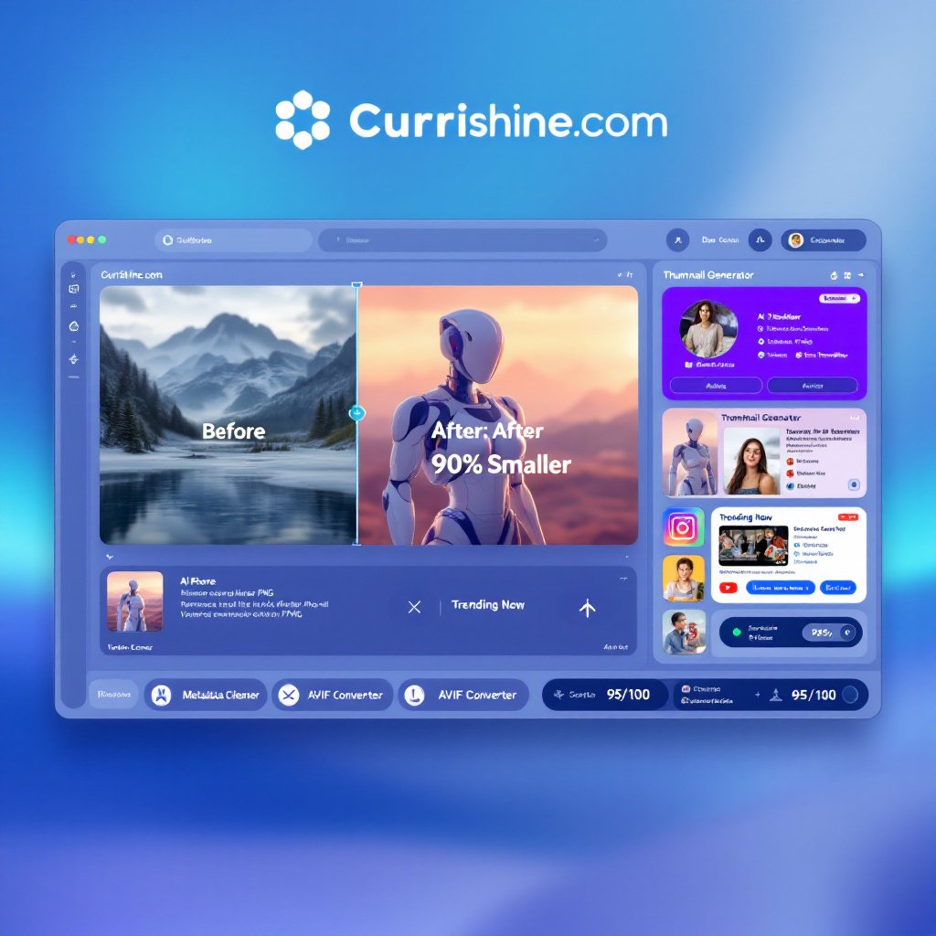Currishine.com’s dashboard showcasing its AI Image Optimizer Pro, Background Remover, and Thumbnail Generator with live previews. A "Before/After" slider demonstrates image compression results. Watermark "Currishine.com" appears at the bott