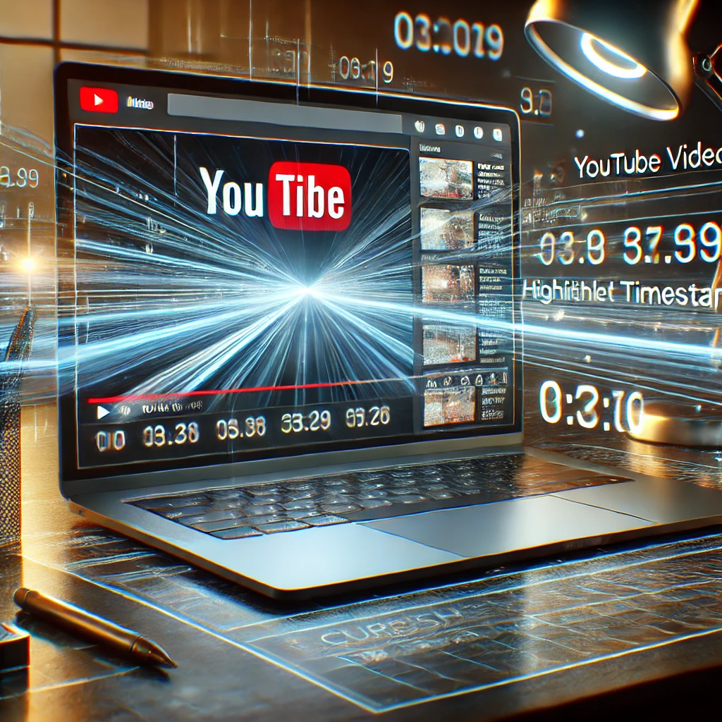 A content creator using a YouTube Timestamp Link Generator on a laptop, with timestamps displayed on a video timeline.