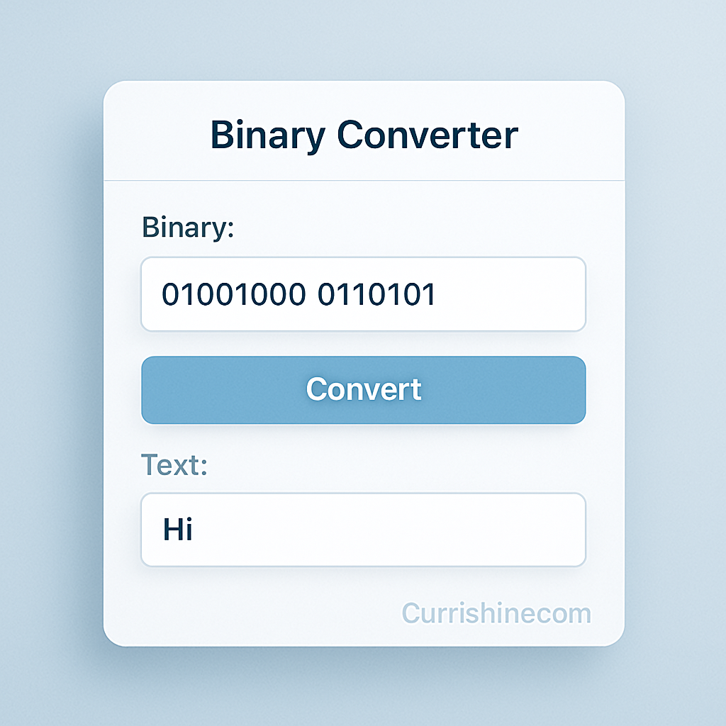 A clean and friendly interface of a Binary Converter Tool showing how binary numbers are turned into normal words and numbers. Easy to read and understand.