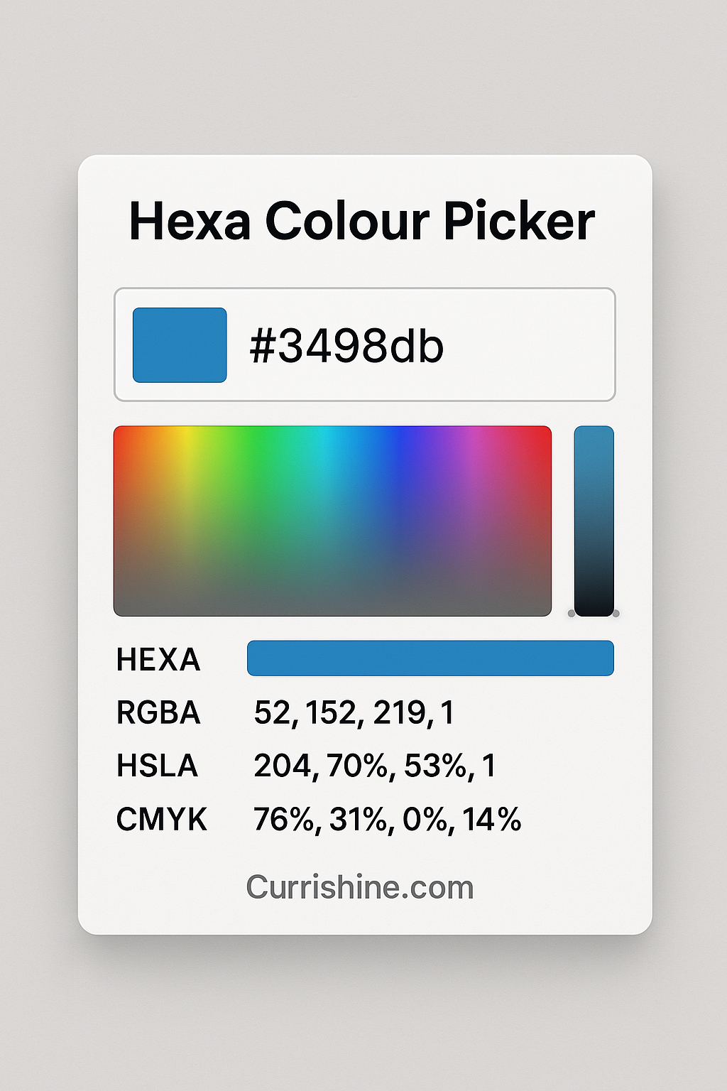 A vibrant hex color picker interface showcasing multiple color formats including HEXA, RGBA, and CMYK.